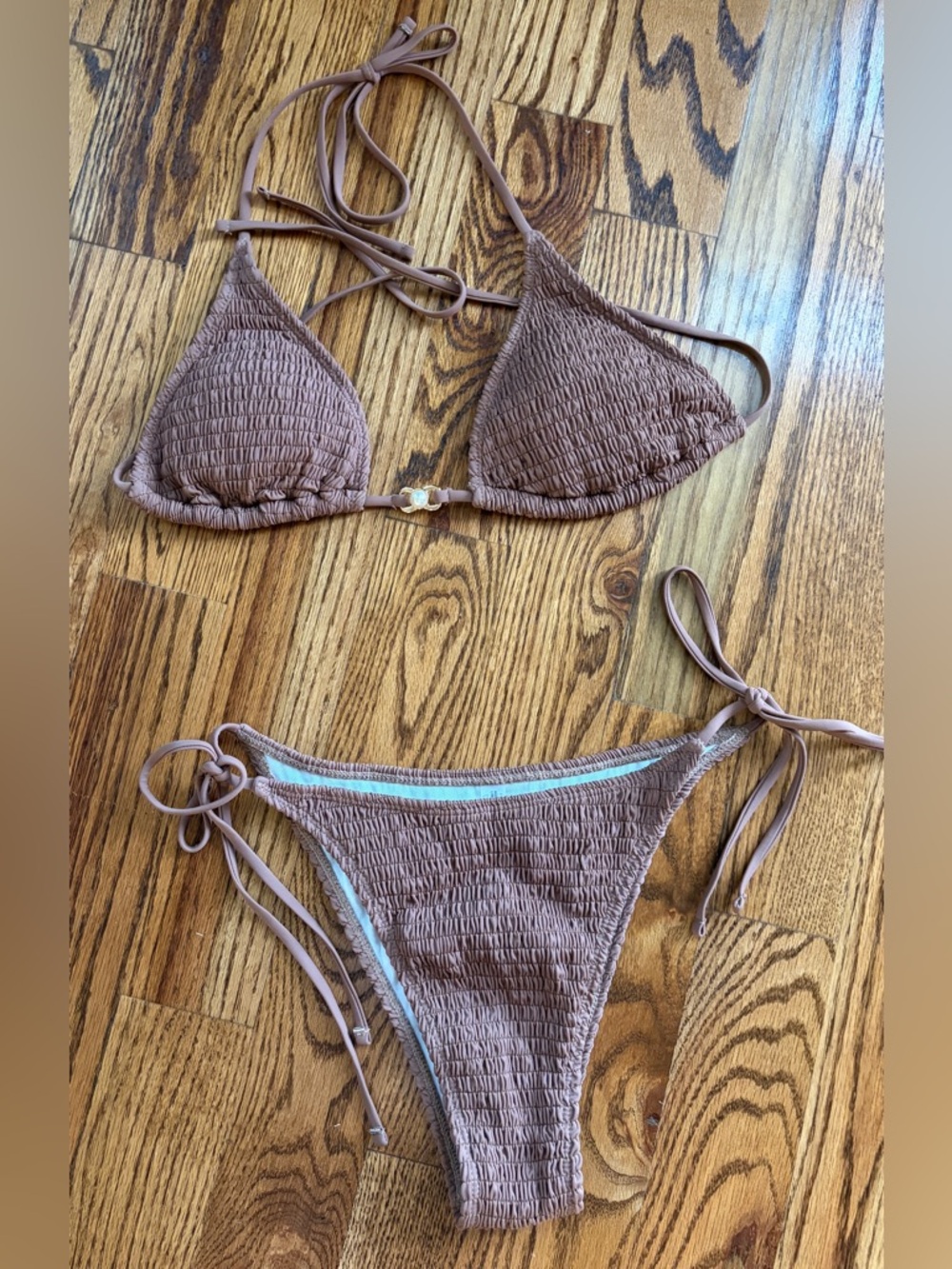 Smocked Triangle Tie-Side Bikini Set - Brown